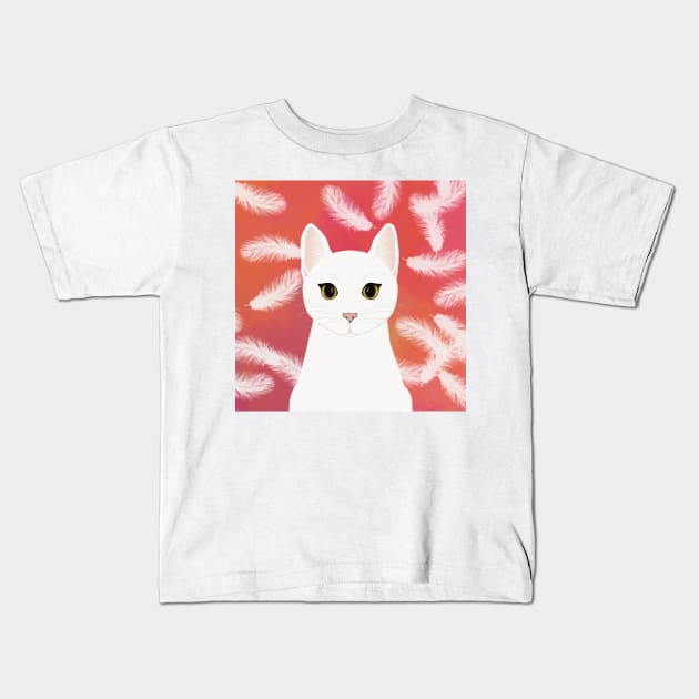 The cute white cat queen is watching you , white feathers on the colorful  background Kids T-Shirt by marina63